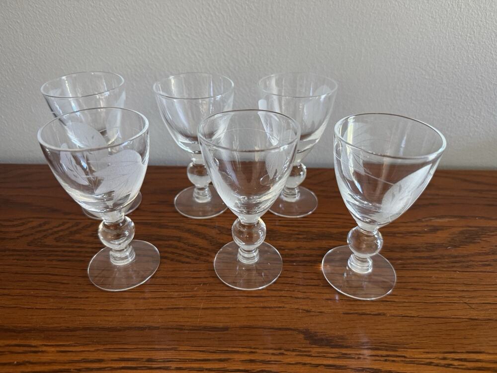 Set Of 6 McBride Cameo Vintage Etched Sherry Stems Featuring Leaves And Feathers
